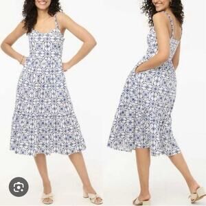J.CREW Poplin Corset Midi Dress Geometric Print Sleeveless White Blue 00